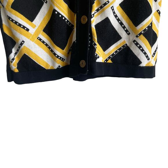 August Silk Women Cardigan Sweater S Navy Yellow Geometric Print Preppy Academia - Picture 8 of 11